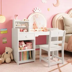 Kids Princess Vanity with Lights, 2 in 1 Makeup Vanity Desk & Chair Set with Open Bookshelf & Storage Shelves