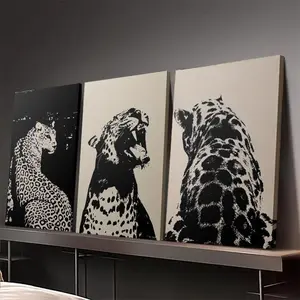 3-Piece Wooden Frame Canvas Print Set, Jaguar Leopard Wall Art Decor, Fashion Animal Minimalist Home Interior Decoration