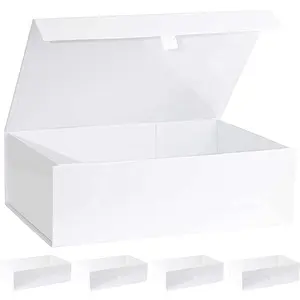 White Hard  Box With  Closure Lid 14" x 9" x 4" Rectangle Favor Boxes With White Glossy Finish (5 Boxes)