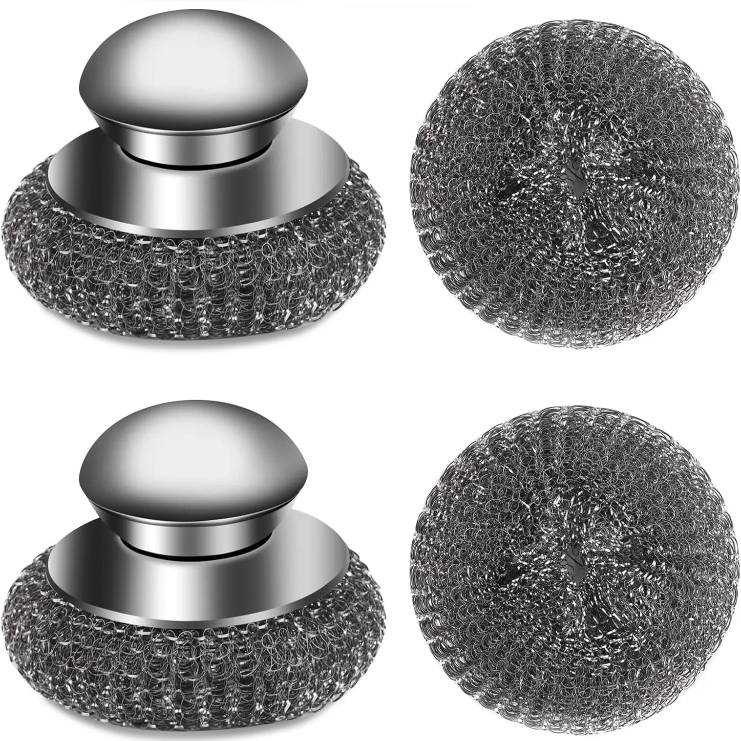 4pcs Steel Wool Scrubber with Replacement Wire Sponge Pads Set, Stainless Steel Scrubber with Handle for Scouring Stubborn Messes from Cast Iron, Pots, Pans, Grill, Stoves, Sink(2 Scrubber+2 Pads).-