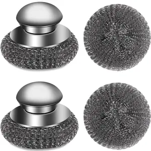 4pcs Steel Wool Scrubber with Replacement Wire Sponge Pads Set, Stainless Steel Scrubber with Handle for Scouring Stubborn Messes from Cast Iron, Pots, Pans, Grill, Stoves, Sink(2 Scrubber+2 Pads)