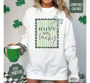 Happy Go Lucky Comfort Colors Sweatshirt, Trendy Women's St. Patrick's Day Crewneck