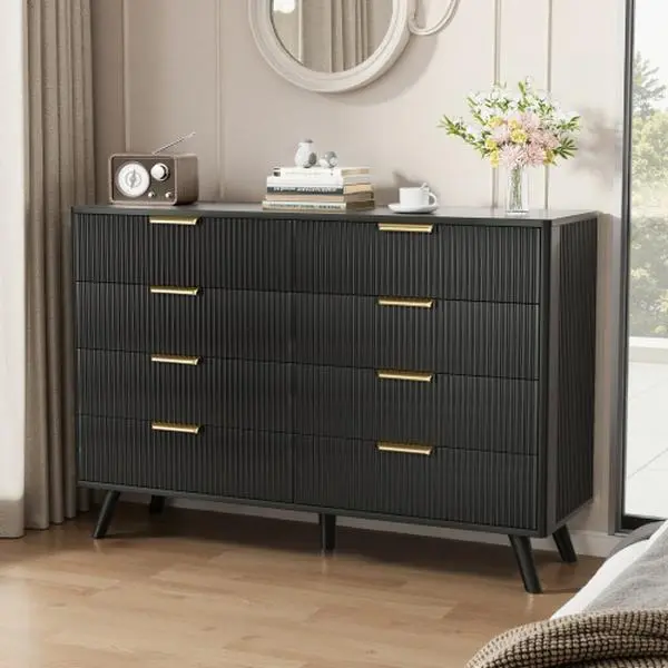 [Bellemave]8 Drawer Dresser for Bedroom, Fluted Wooden Chest of Drawers for Children's Room, Nursery, Entrance, Black, 47.2"W x 15"D x 35.4"H