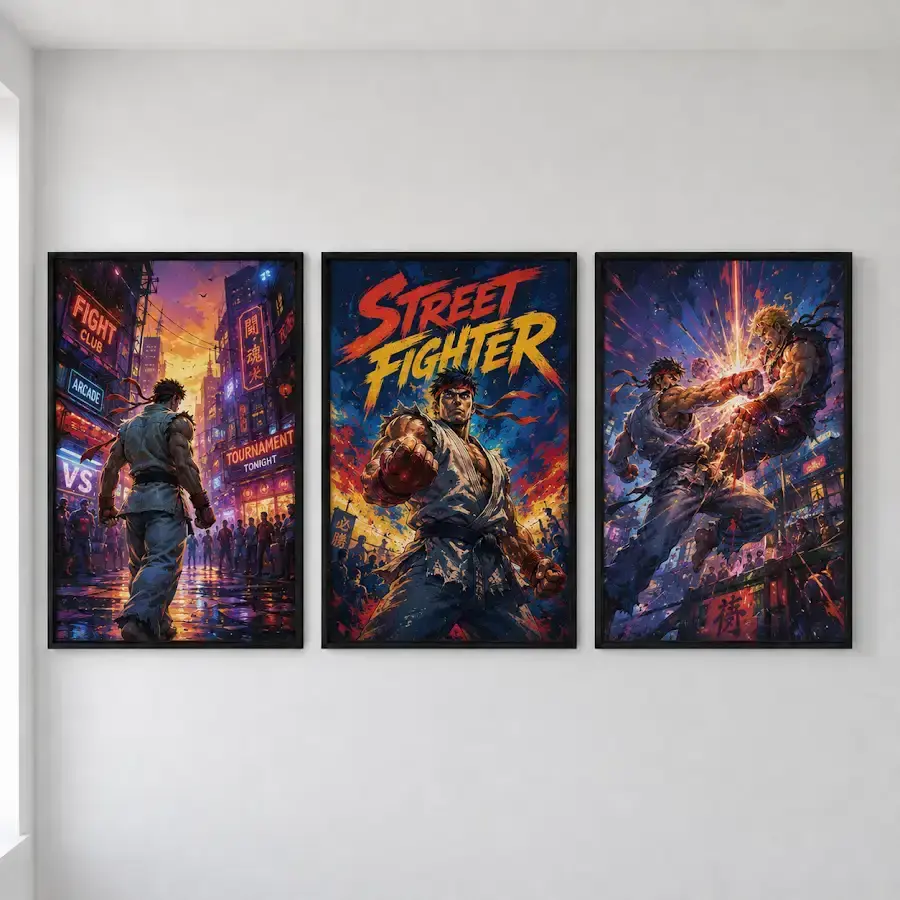 Street Fighter 6 Neon City Combat 3 Piece Wall Art Set, Tactical Arcade Fighter Video Game Poster Prints