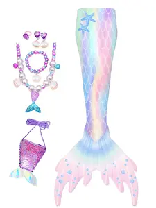 Girls Mermaid Tail Swimsuit, Sweet and Cute High Elastic Fabric for Heights 110-150cm, Includes Accessories for Beach Parties.Including a  mermaid tail bag, necklace, bracelet, earrings and a ring. Excluding tops, pants and black flippers.
