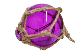 6 in. Light Nautical Japanese Glass Ball Fishing Float - Handcrafted 360 Stand with Brown Netting, Purple Wall Hanging Decoration, Hangable Home Decor