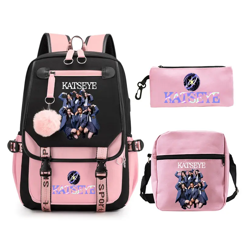 3pcs KatseyeKpop Printed Teenager Girls Backpack Shoulder Bags Pencil Case Set Backpack Women Travel Mochila