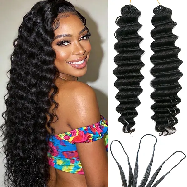 Deep Wave Crochet Human Hair Extensions Invisible Miracle Knots Feather Crochet Hair Knotless Pre-Separated Burmese Curly Deep Wave Crochet Human Hair Deep Curly Human Hair With String Pre-Looped Reusable Feather Crochet Hair Extensions
