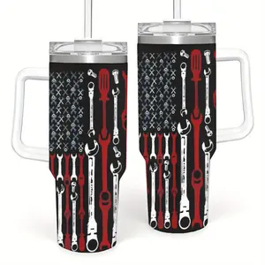 40oz Patriotic Wrench and American Flag Design Insulated Mug - Double-walled vacuum insulated travel mug with leak-proof lid, red, white and blue tool pattern, Father's Day/holiday drinkware, durable mug, hot and cold water cecily bauchmann bottles