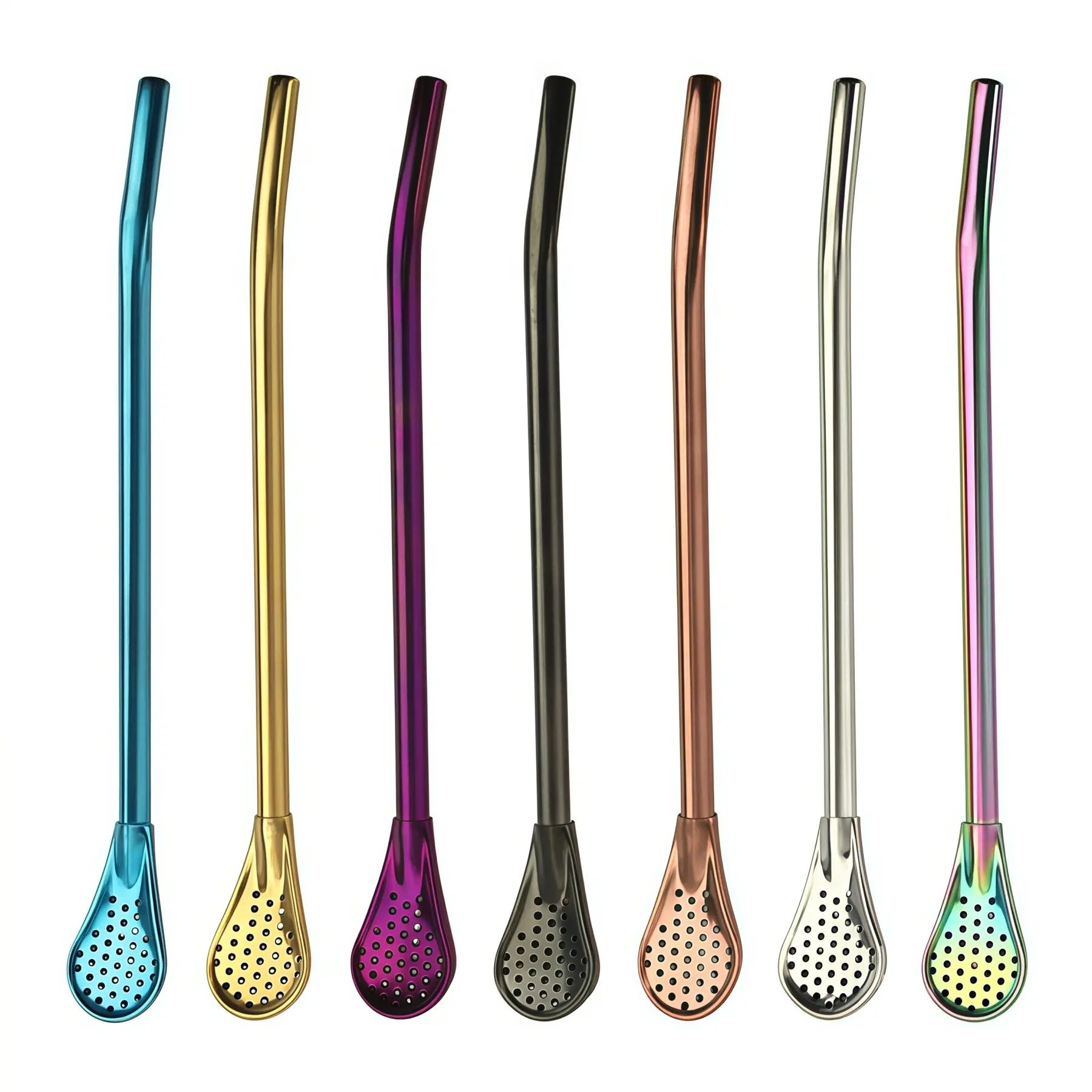 Reusable Stainless Steel Straw Spoon Set, 7 Colors, Maté Tea Special, Filter Net, Suitable for Loose Tea, Coffee Mixer, Smoothie Straws