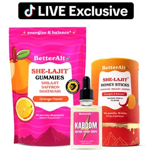 BetterAlt Glow & Go Bundle | SHE-Lajit Mango Chilli Honey Sticks + Instant Energy Drops + SHE-Lajit Orange Gummies | LIVE Exclusive