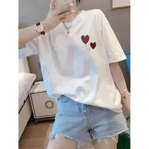 "Women's Double Heart White T-Shirt - Loose Fit Ins Style Top, Casual & Versatile for Spring/Summer, Ideal for Daily Wear & Dating Outfits"