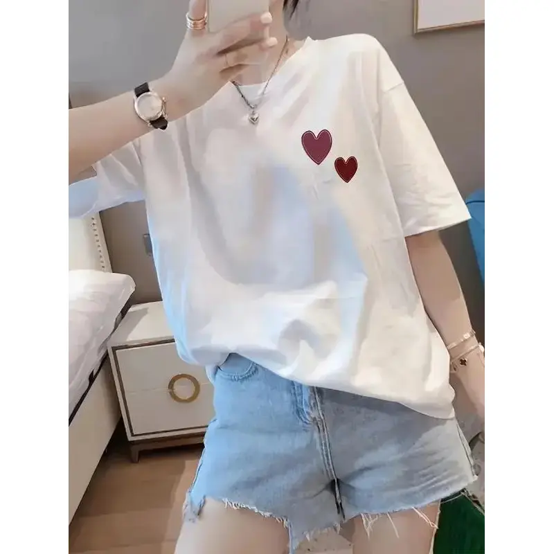 Women's Double Heart Print Round Neck Oversized  - Loose Fit, Casual Spring/Summer Streetwear Top, Versatile  Daily Wear, Dating, Ideal Clothes  Women st shirt th of july, T-Shirt, Oversized  Women Never Up Graphic T-Shirt