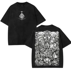 Vintage Elden Ring Lore T-Shirt, Distressed Washed Cotton Short-Sleeve, Unisex Round Neck with Double-Sided Soulslike Game Print