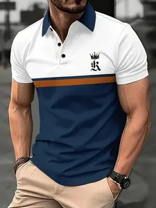 Men's stylish blue and white color block crown letter 3D print polo shirt with unique pattern design, men's casual look, suitable for adults, all seasons leisure wear, made of polyester fabric, perfect gift for travel. high waist tilly