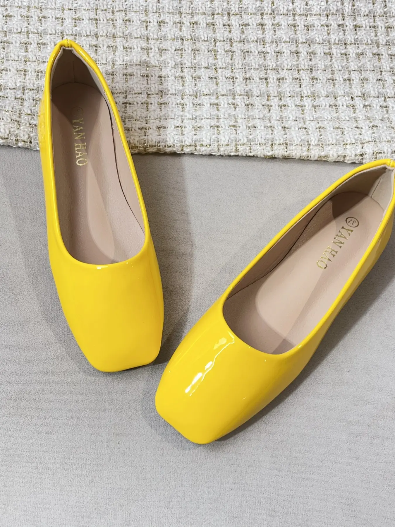 Women's Square Toe Ballet Flats, Lemon Patent Leather, Comfortable Soft Sole, All-Season Casual Dress Shoes, Perfect for Daily Wear