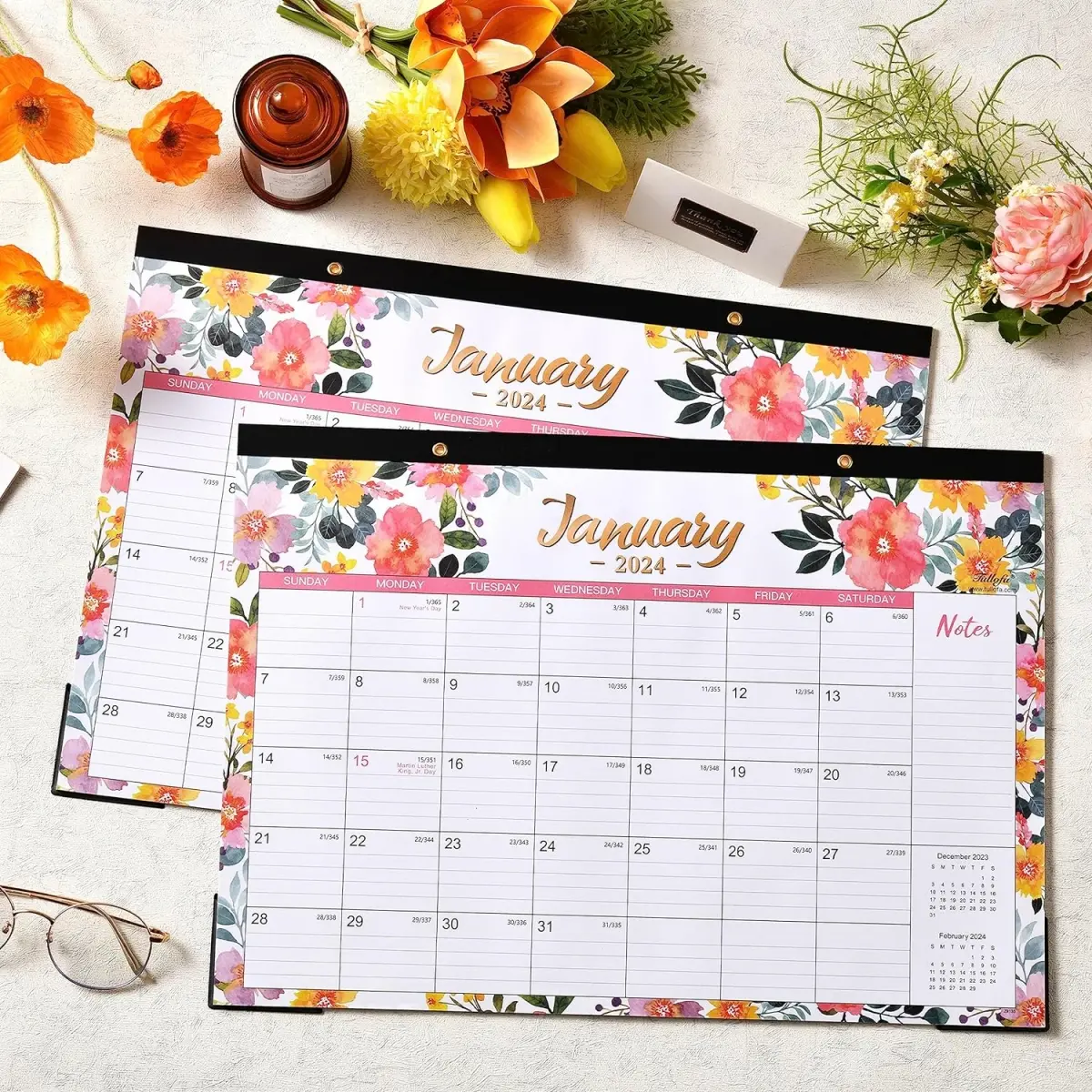 2024 Desk Calendar - Jan. 2024 - Dec. 2024, 2024 Calendar, 16.8" x 12", 12 Monthly Calendar, Desk Calendar with 2 Corner Protectors, Thick Paper, Large ruled Blocks - Floral