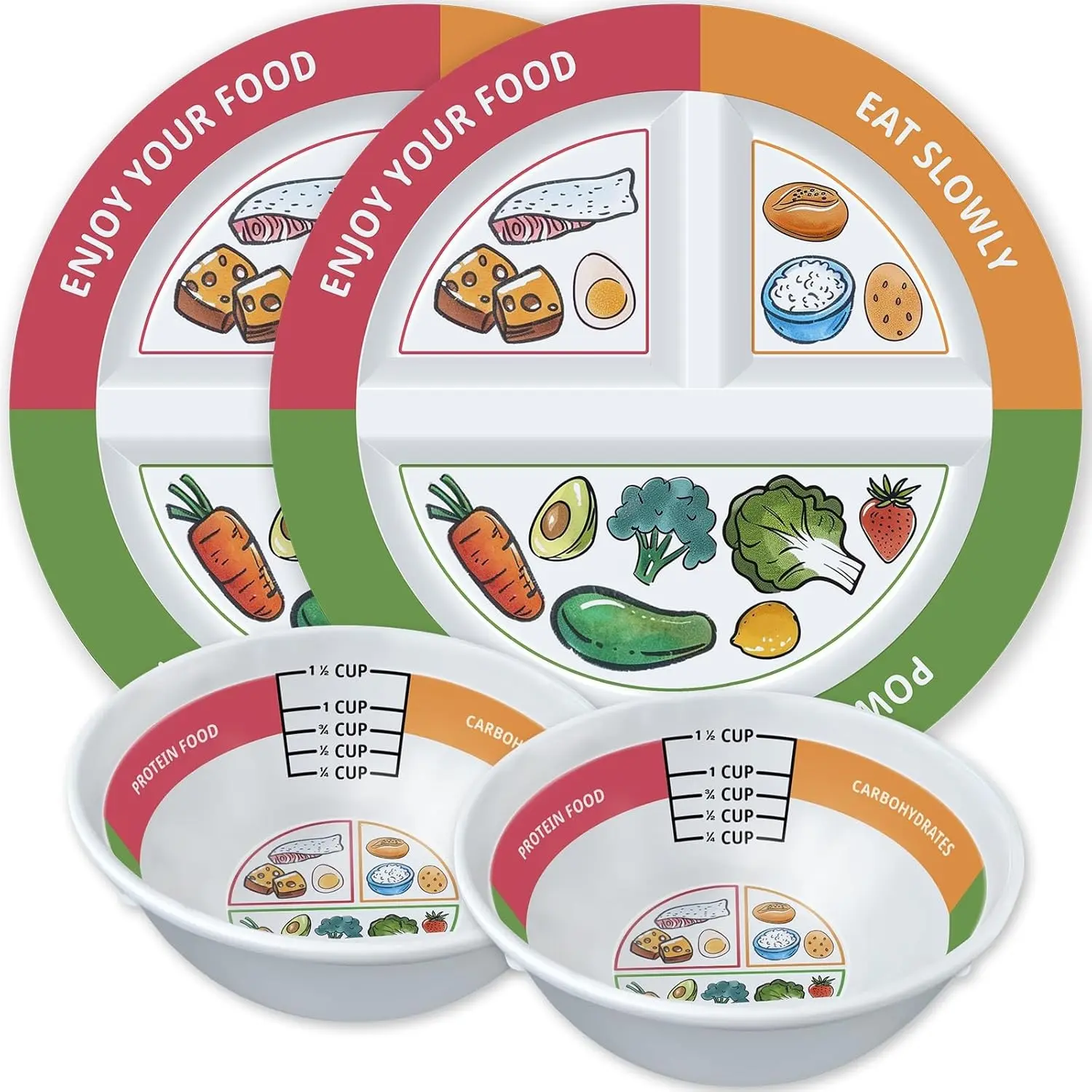 4-Piece Plastic Plates & Round Bowls Set Pack (9 in), Self-Measuring Divided Plates for Weight Loss & Healthy Diets, Ideal for Adults