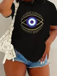 Women's Eye Print Round Neck Graphic Tee, Vintage Trendy Casual Short Sleeve T-shirt for Daily Wear, Ladies Summer Tops