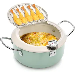 Deep Fryer Pot with Thermometer, Japanese Frying Pot with Lid and Oil Drain Rack, Non-stick Tempura Fryer Pan for French Fries,, Seafood