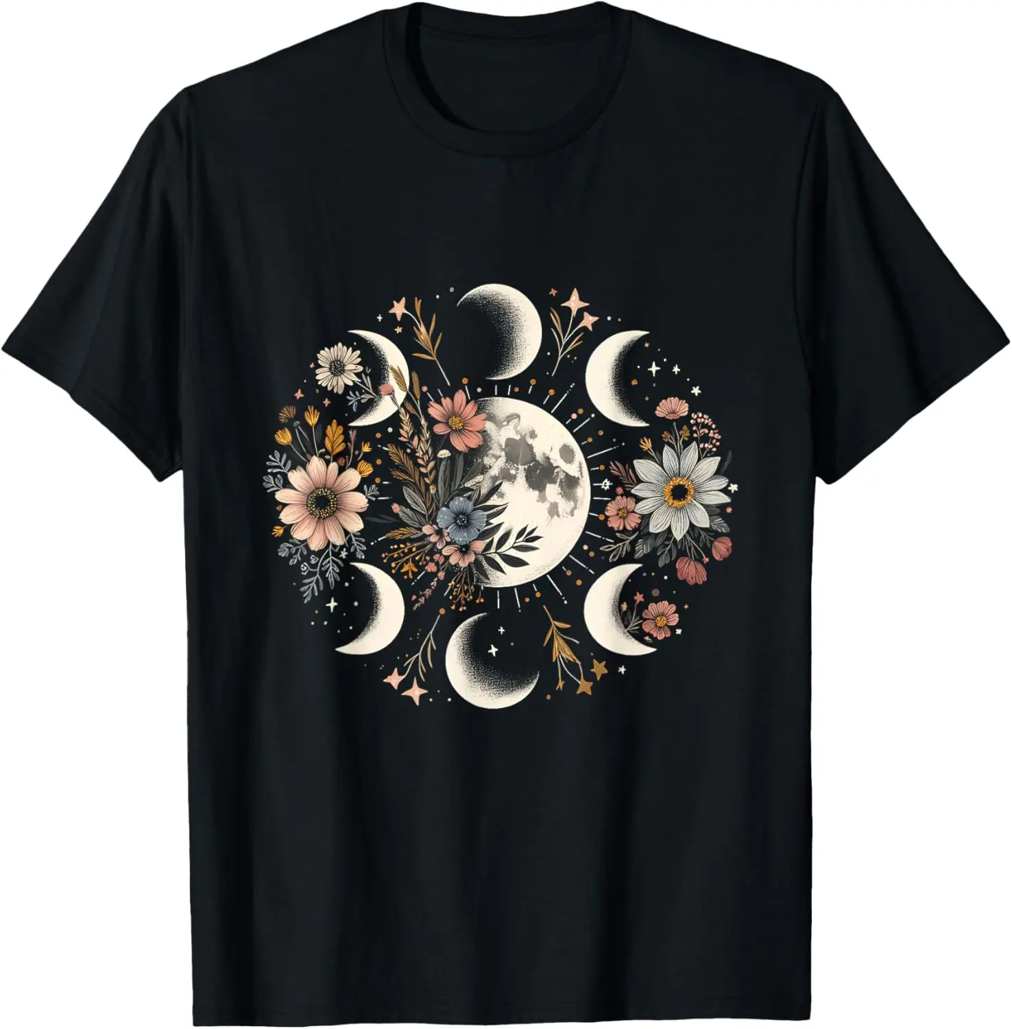 100% Cotton Celestial Moon Phase BOHO Wildflowers Zodiac Witchcore T-Shirt