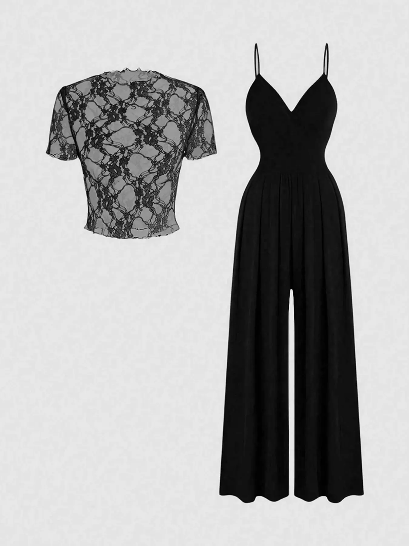 2 Piece Lace Sheer Top Wide Leg Elegant Fashion Jumpsuit Set Women | V Neck Spaghetti Strap Outfit | Gothic Y2K Party Nightclub Wear | Baddie Date Night Casual Going Out Womenswear