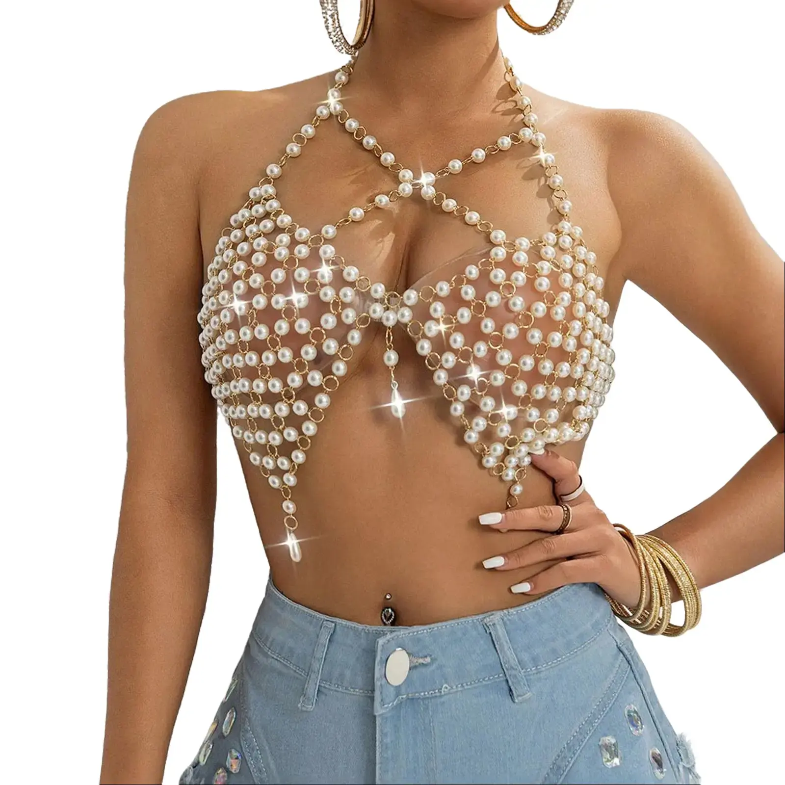 Avidlove Women's Pearl Chain Halter Top - Sexy Sheer Mesh Pearl Body Jewelry Top