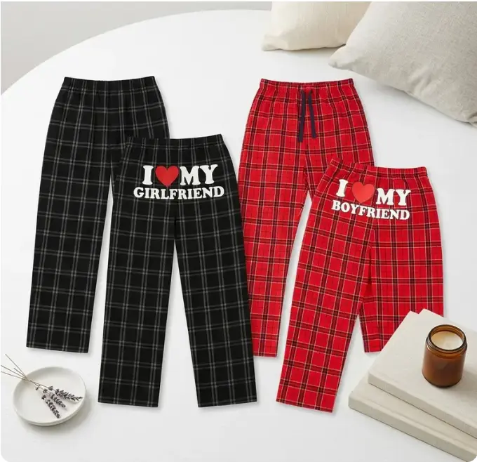 Matching Couple Pajama Pants – “I Love My Girlfriend,Boyfriend” Black Plaid Lounge Sleepwear Bottoms, Cozy Loungewear for Couples Gift, Comfortable Loungewear Gift for Couples & Anniversary