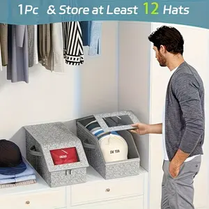 Large-Capacity Foldable Fabric Hat Storage Box with Handle, Transparent Window - Portable Grey & White Textured Organizer for Baseball Caps, Underwear, Sundries - Wardrobe Storage Solution