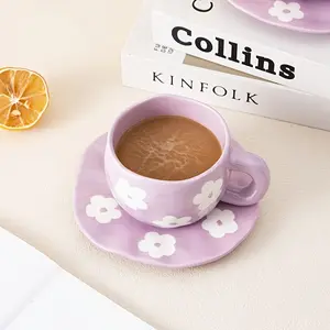1 Set Handcrafted Irregular Flower Mug and Saucer Set, Cute Ins Style Hand-Painted Purple Flower Ceramic Coffee Cup, for Coffee Milk Floral Tea, Ideal Valentine's Day Mother's Day Gift for Mom Wife Loved Ones Women