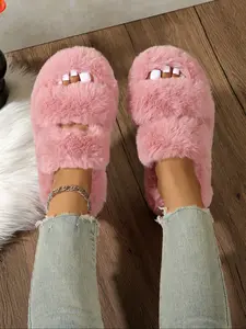 Women's Plush Open-Toe Slippers, Soft Comfortable Indoor Home Shoes, Lightweight Casual Fall & Winter Footwear Gift Idea, House Slippers, Fluffy Home Slippers