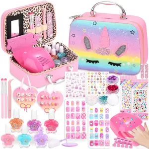 Kids Nail Polish & Press-On Nails Set for Girls – Non-Toxic Nail Art Kit with Portable Dryer & Unicorn Case, Cute Gift Toys for Girls Ages 8–12