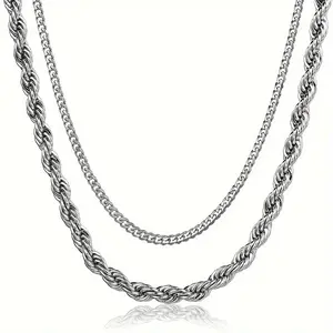 Hermah Stainless Steel Double Necklace Set 2pcs Funky Chain-Link Style Twisted Rope Cuban Link Chains Unisex for Men and Women 20-22inch Chain Length