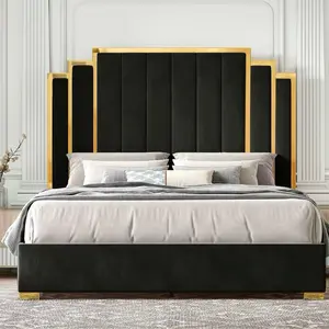 Summergarden][Fathersdaygift] AMERLIFE Bed Frame with 65" Headboard, Upholstered Platform Bed with Golden Plating Trim, Modern Luxury Bed Frame, No Box Spring Needed/No Mattress/Queen/King//Unique Bedroom Furniture/Best Gift Ideas/Christmas Gifts