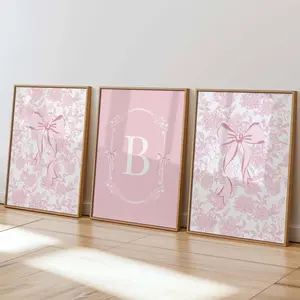 Light Pink and Blue Toile Bow Custom Letter Print Set of 3, Chinoiserie Monogram Coquette Girls Nursery Poster, Grand Millennial Wall Art Floral Hydrangeas