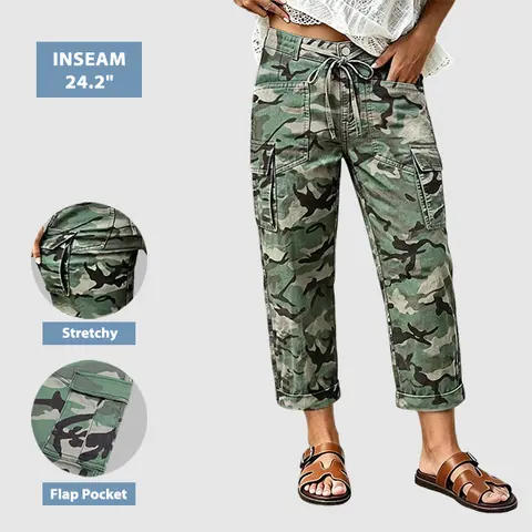 Flamingals Camo Print Flap Pocket Drawstring High Rise Straight Leg Crop Pants Womenswear Stretchy 24.2" Inseam
