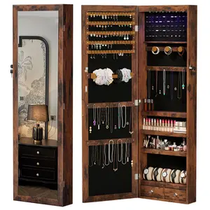 47.2" H x 14.2" W Full-Length Mirror Jewelry Cabinet, Wall or Door Mounted Jewelry Armoire with LED Lights, 60 Ring Slots & 33 Hooks, for Bedroom Closet
