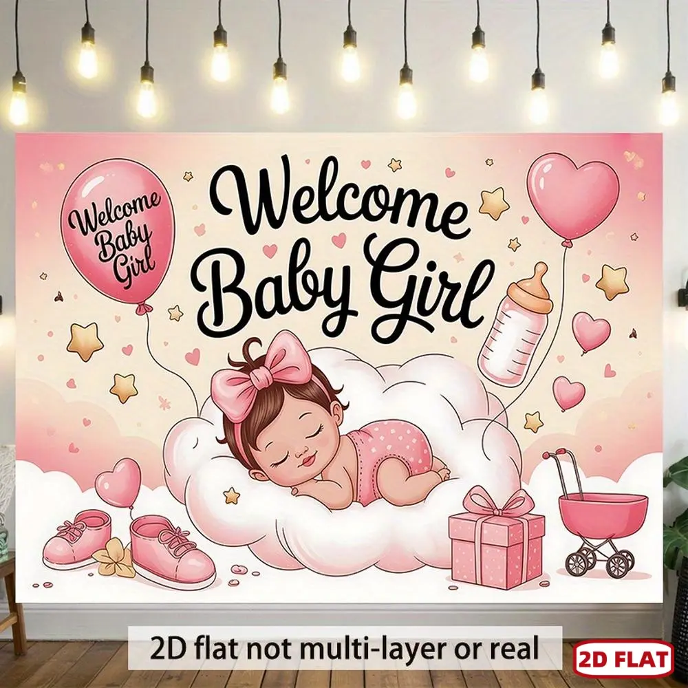 1pc 2D Flat banner - - Banner, Welcome Baby Girl Illustration, for Family for Party Events, Wedding, Birthday for Party, Thanksgiving, Four Seasons, Entryway, Room Decor, Indoor/Outdoor Celebrations, Gift for