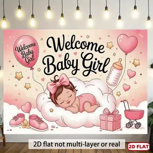 1pc 2D Flat banner - - Banner, Welcome Baby Girl Illustration, for Family for Party Events, Wedding, Birthday for Party, Thanksgiving, Four Seasons, Entryway, Room Decor, Indoor/Outdoor Celebrations, Gift for