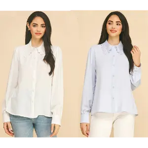 Lace Collar Button-Up Blouse – Elegant Long Sleeve Chiffon Top