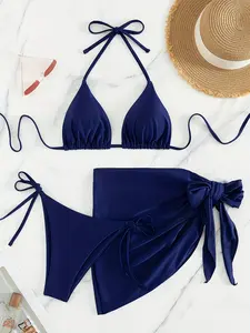 Blue Two-Piece Swimsuit Set with Belted Skirt, 3 Piece Swimwear, Stylish Beachwear, Tie Back Bikinis, Perfect for Summer Vacation
