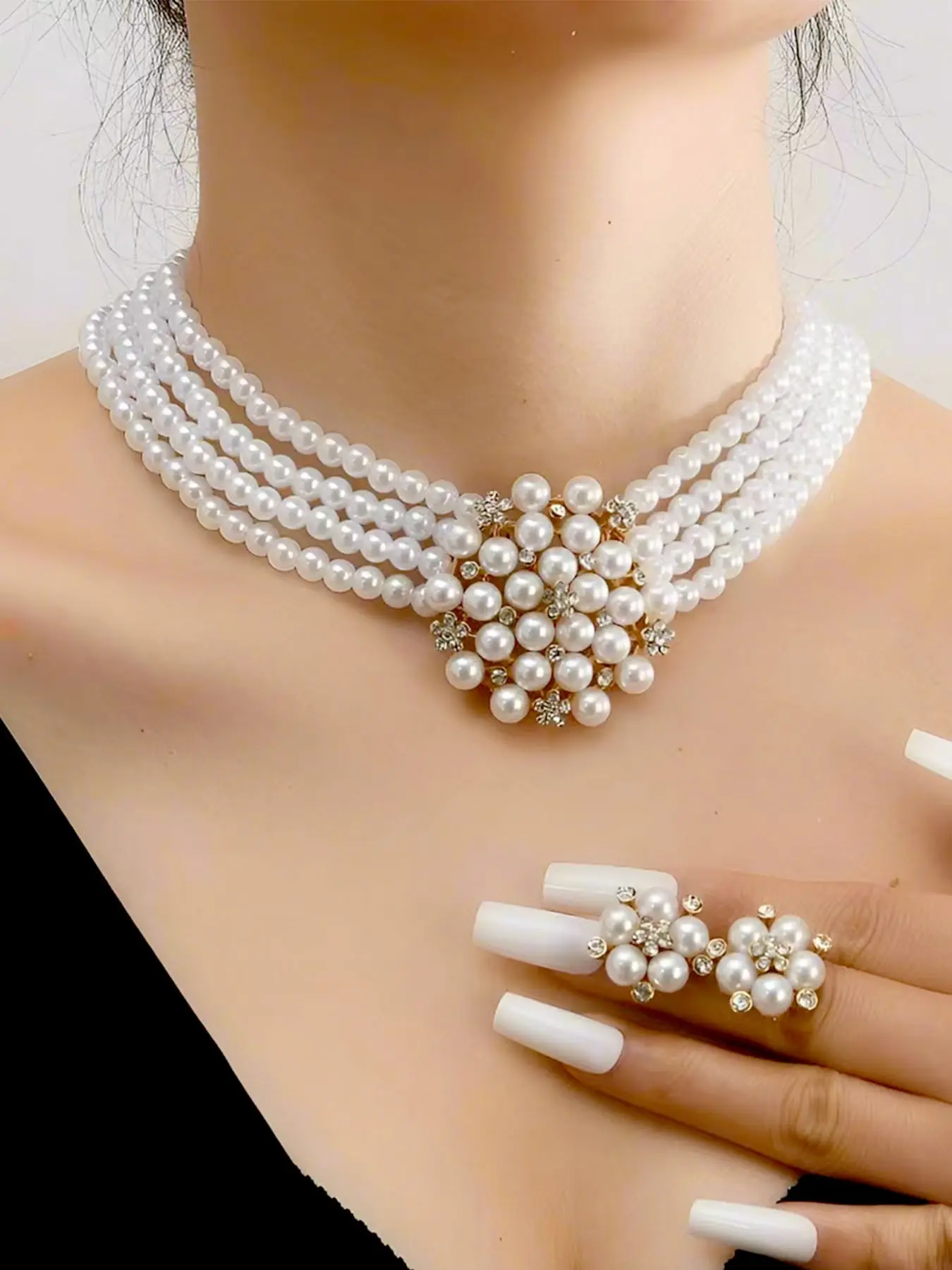 Cross-border Hot-selling Fashion Trendy Jewelry Set: European and American Popular Alloy Rhinestone Flower Simulated Pearl Beaded Necklaces Earrings Set for Women