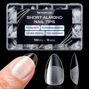 Short Almond Nail Tips: 510 pcs 15 Sizes Clear False Nails Tips Press On for Acrylic Gel Polish Natural Looking Artificial Nails for Women DIY Manicure