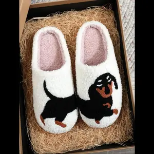 Women'S Cartoon Dog Print Plush Slippers, 1 Pair Casual Soft Comfortable Non-Slip Soft Home Slippers, Warm Slippers for Indoor & Outdoor Use for All Seasons