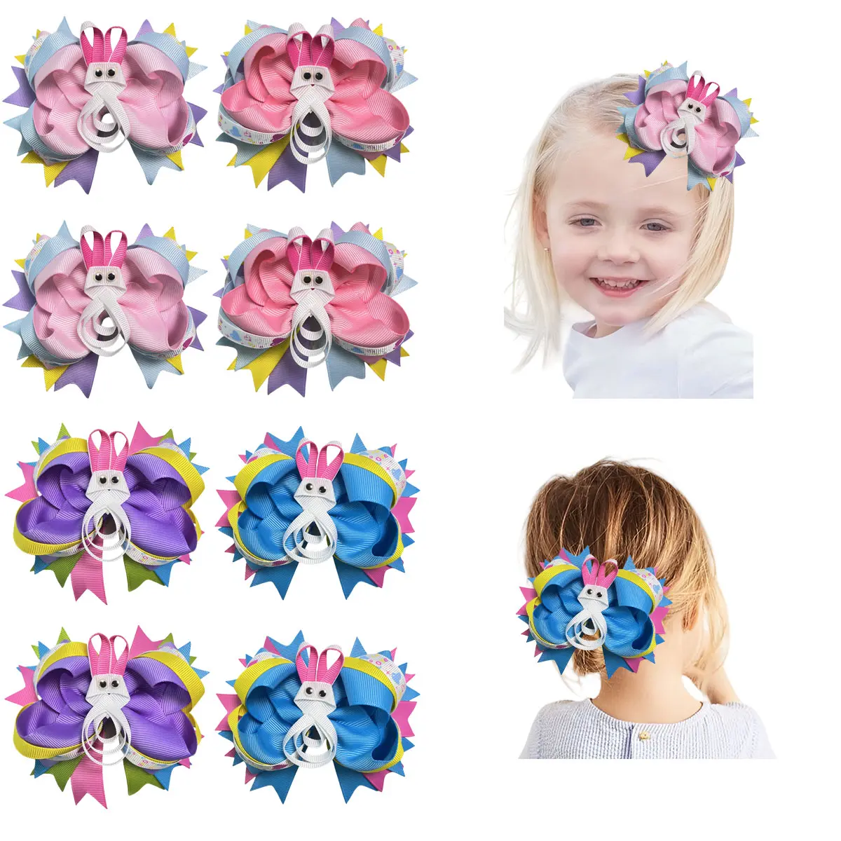JoyBowie 8pcs Easter Bunny Hair Clips for Girls, Cute Bunny Bow Barrettes with Wiggle Googly Eyes, Handmade Multi Layer Grosgrain Ribbon Alligator Clips, Pastel Spring Hair Accessories for Toddler Kids