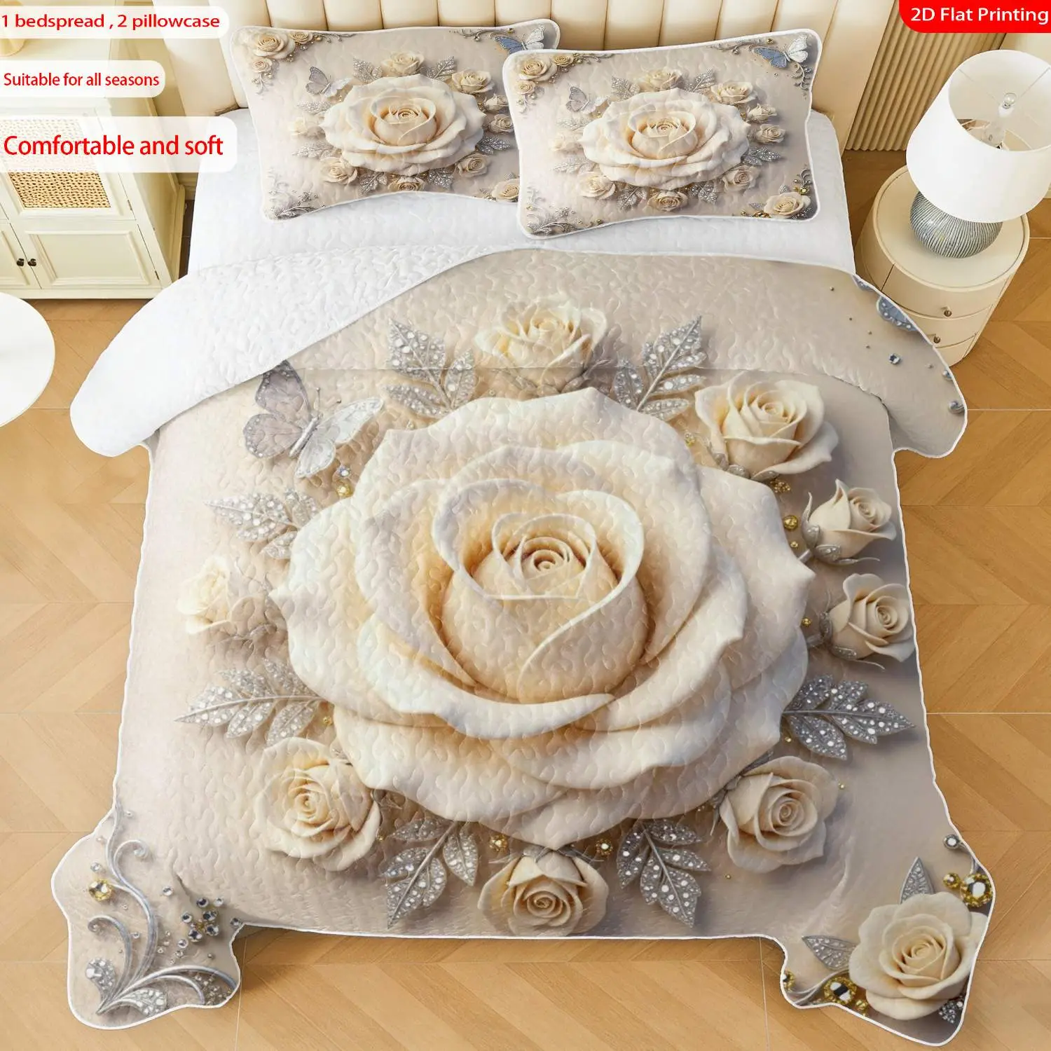 3pcs, 2D Flat Print Elegant Beige Rose & Butterfly Quilted Bedspread Set, Luxury Embroidered Floral Design, Soft Comfort Bedding Set, Festive Decorative Bedding, Multiple Sizes Available, Ideal for Bedroom Decor(1 bedspread , 2 pillowcase)