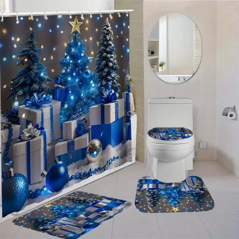 1/4 pcs Christmas blue Christmas tree themed shower curtain set, festive design, non-slip floor mat, U-shaped carpet, toilet lid cover, perfect for bathroom decoration, partition, beautify the space, 12 shower curtain hooks included