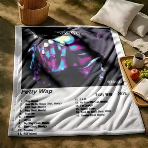 1 piece Fetty Wap 2015 Compilation Album themed flannel blanket - Oversized fluffy flannel sofa blanket, suitable for beds and sofas, modern design, all-season use, digitally printed pattern, 100% polyester material, machine washable, suitable for