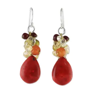 NOVICA Artisan Handmade Multigemstone Dangle Earrings Red Calcite from Thailand Sterling Silver Chalcedony Quartz Pearl Freshwater Cultured Multicolor Cluster Birthstone [1.8 in L x 0.5 in W] '