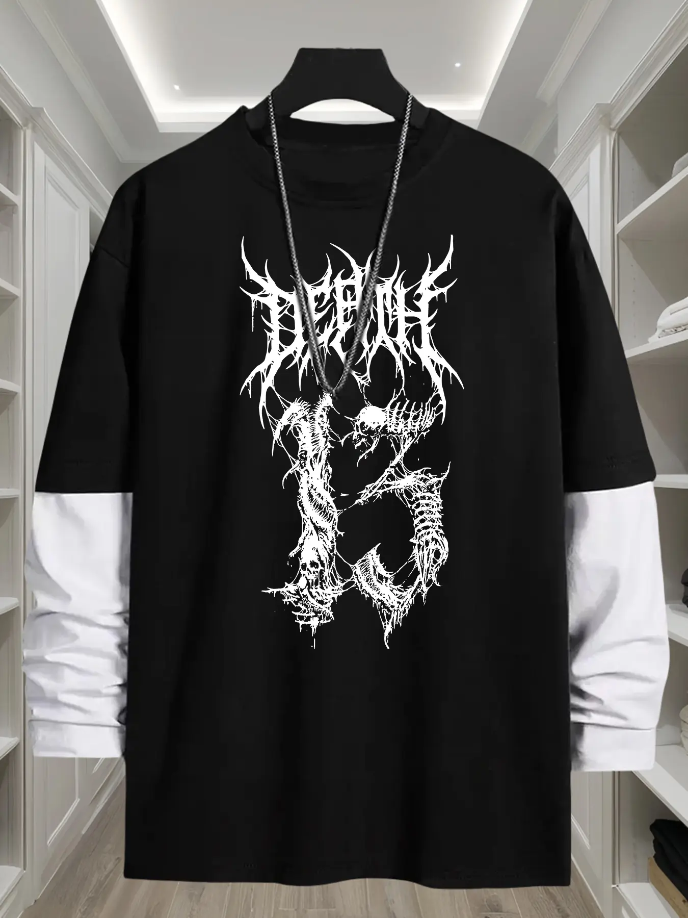 Gothic Skull Number 13 Halloween Element Geometric Loose Long Sleeve Round Neck Graphic T-Shirt, Fashion Streetwear Casual Style, Comfortable Trendy Top Gift